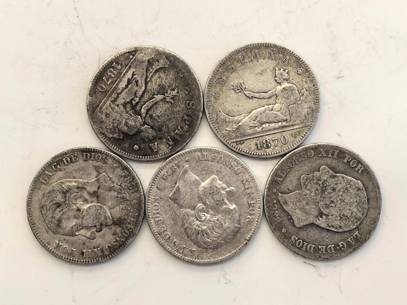博洋堂世界钱币拍卖第117期（全场包邮） 西班牙老银币5枚一组，总重48.4克