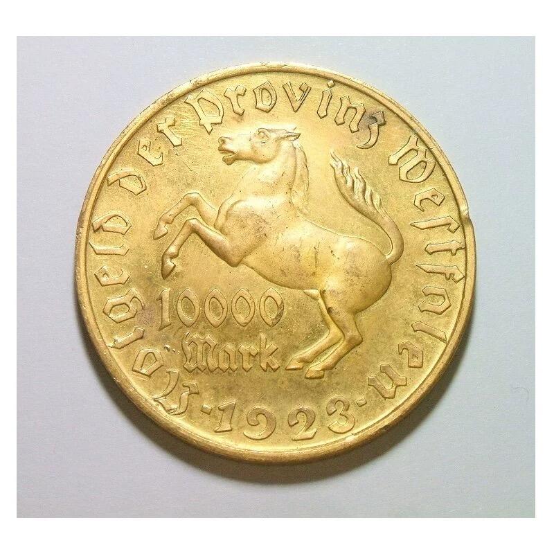 德国1923年威斯特法伦1万马克镀金大马币 精制原光