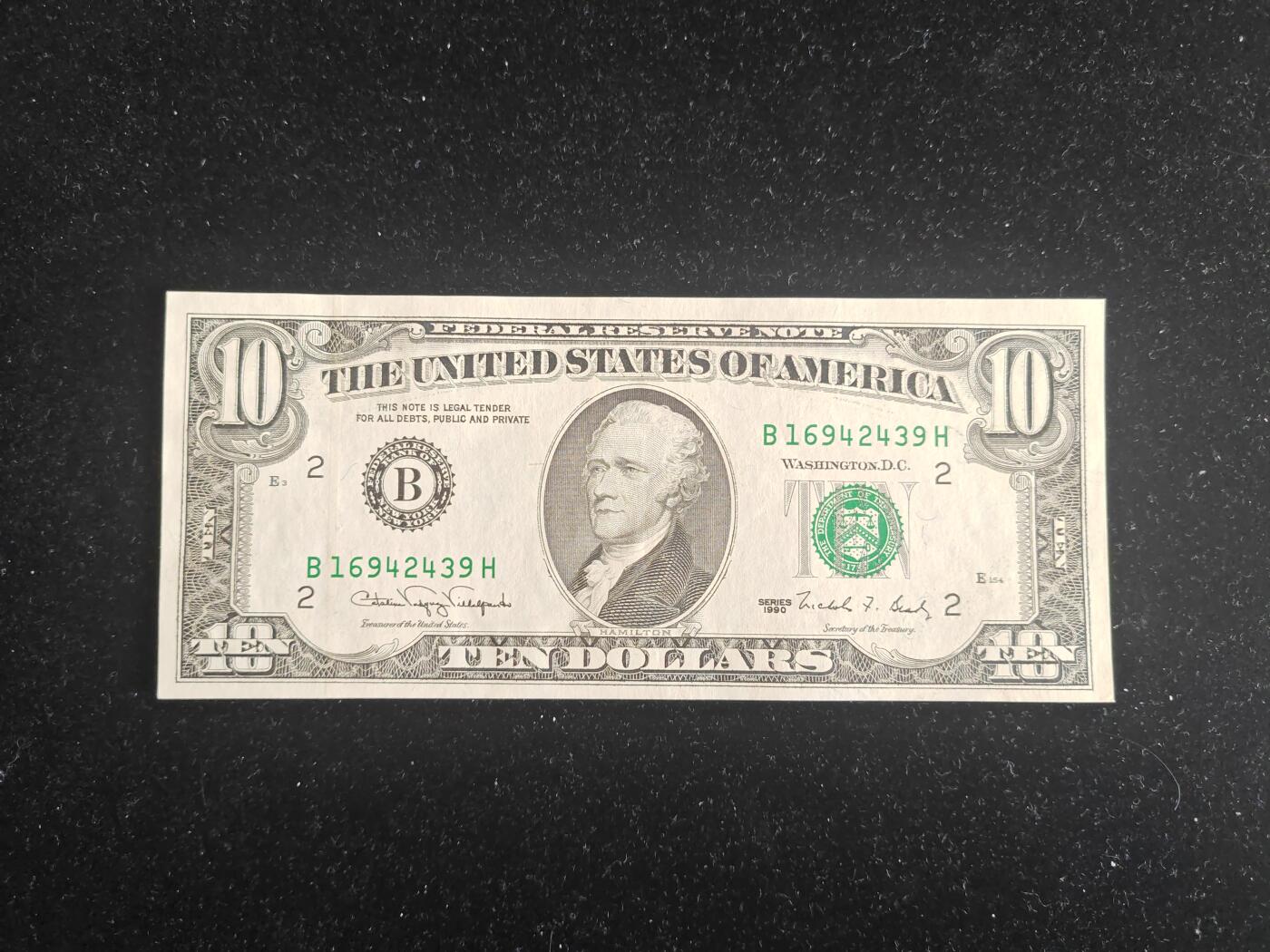 美国纸币 1990年 小头版 10美元  UNC 侧光下一处轻微压痕