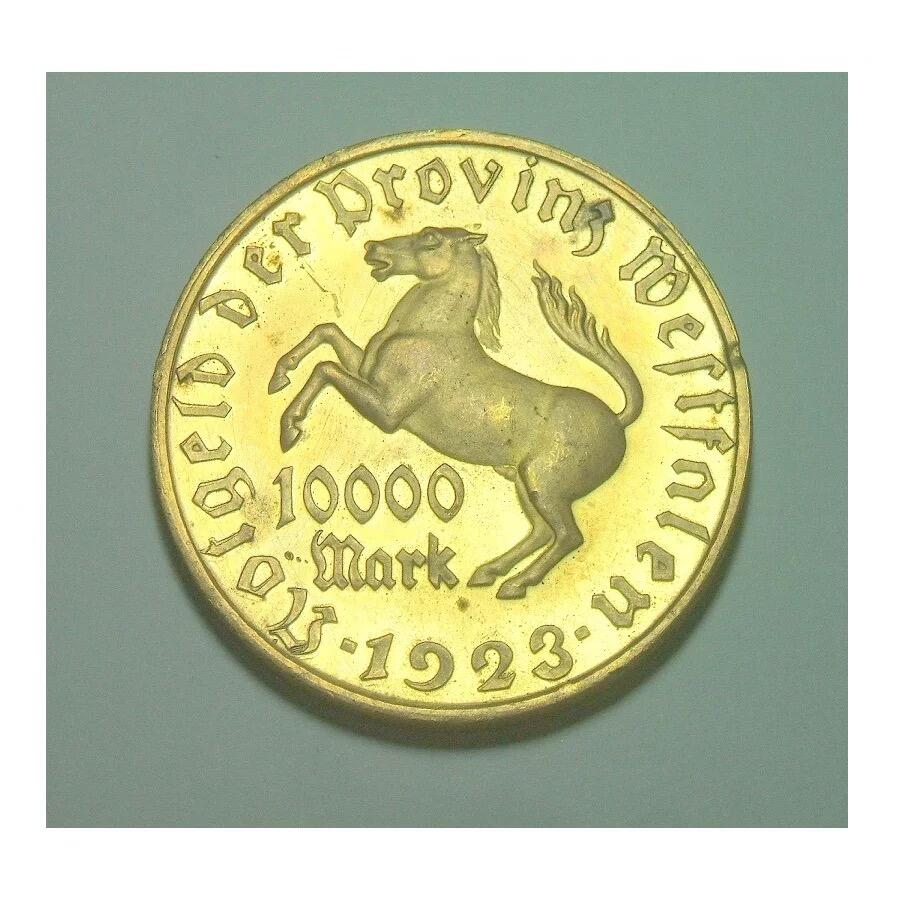 德国1923年威斯特法伦1万马克镀金大马币 精制原光