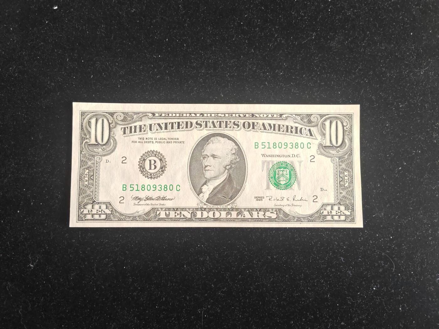 美国纸币 1995年 小头版 10美元 无47 UNC 紫光下轻微潮斑