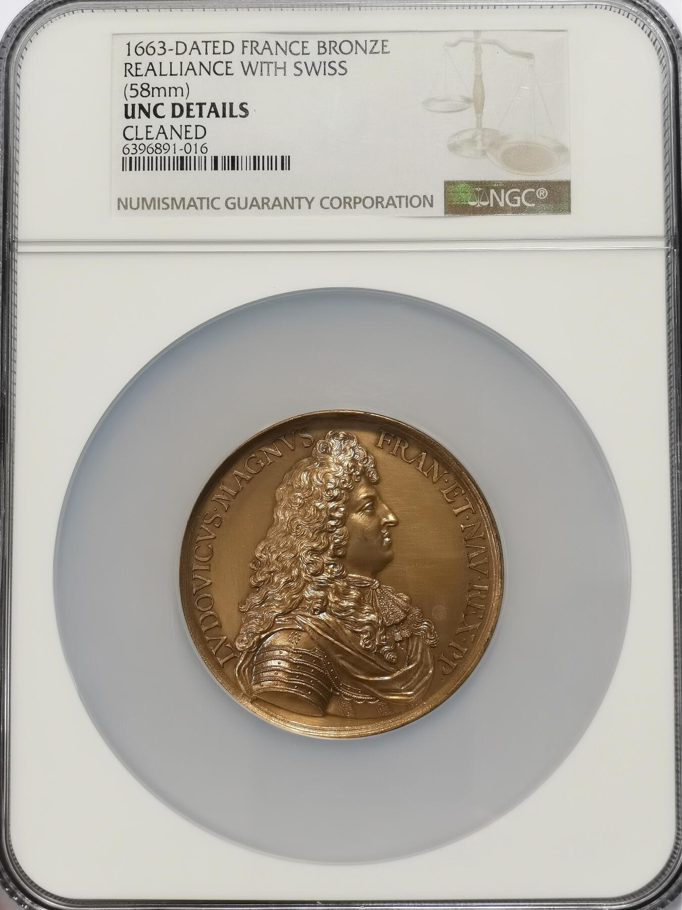 博洋堂世界钱币拍卖第117期（全场包邮） NGC UNC 1663年法国与瑞士联盟纪念章