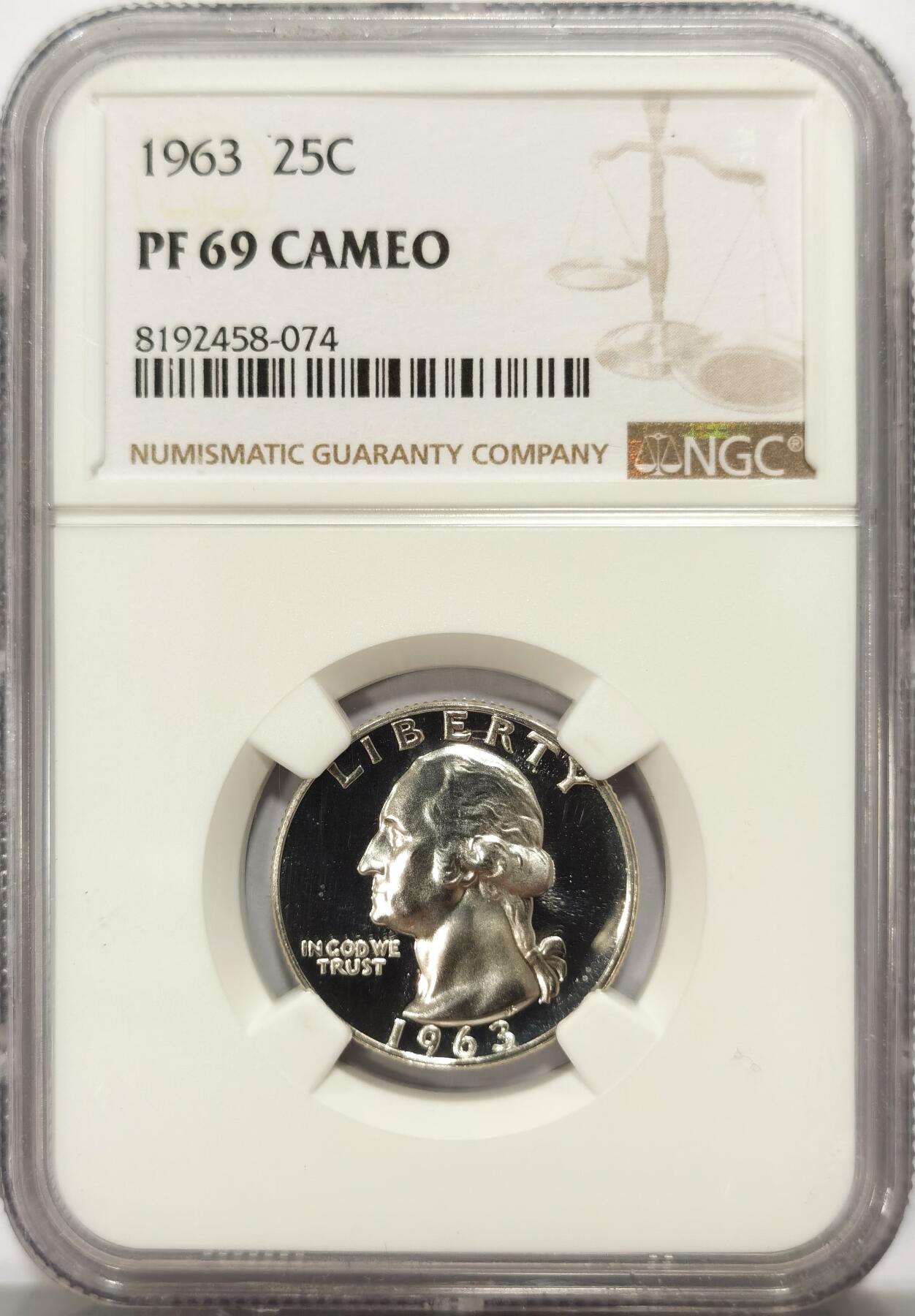 博洋堂世界钱币拍卖第117期（全场包邮） NGC PF69 美国1963年华盛顿25分银币，极致高分镜面