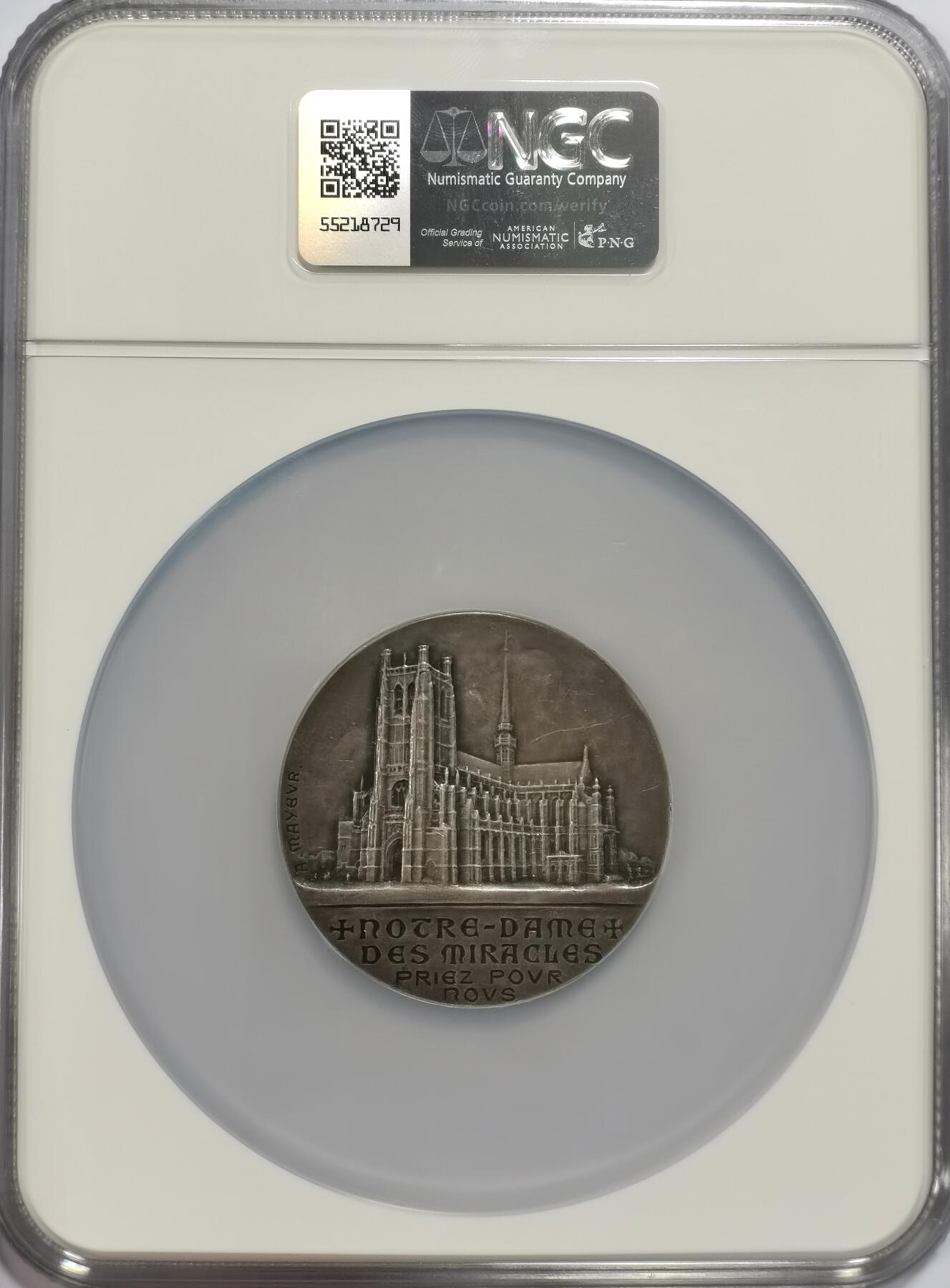 博洋堂世界钱币拍卖第117期（全场包邮） NGC MS62 巴黎圣母院纪念50mm巨大银章！唯一冠军分！1900年代的东西，正面圣母抱婴经典像，背面巴黎圣母院原建建筑风景。现在被烧毁的废墟遗迹还没重建，原型只能从永恒的纪念币章上一窥究竟了！