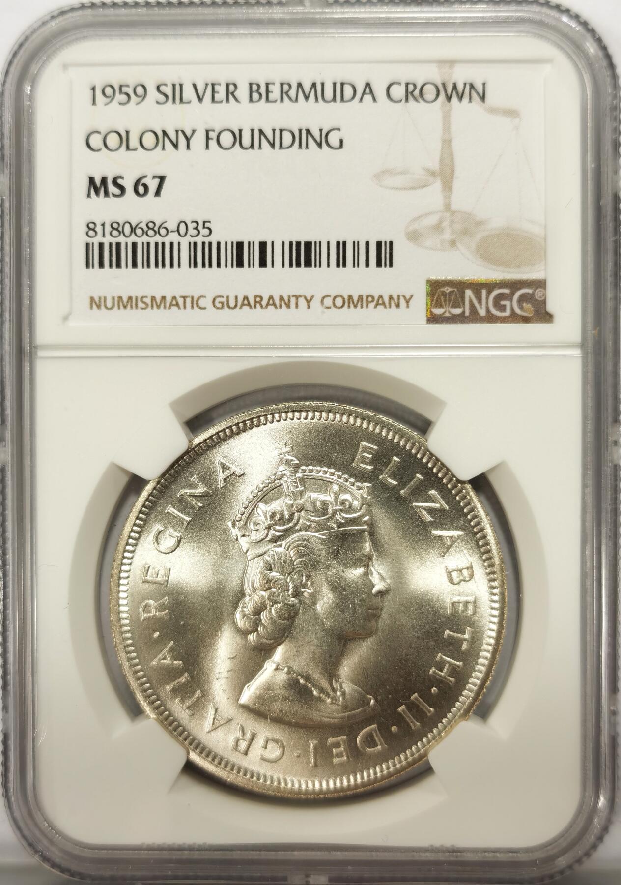博洋堂世界钱币拍卖第117期（全场包邮） NGC MS67 英属百慕大1959年伊丽莎白二世1克朗银币，发现百慕大350周年纪念，极品高分