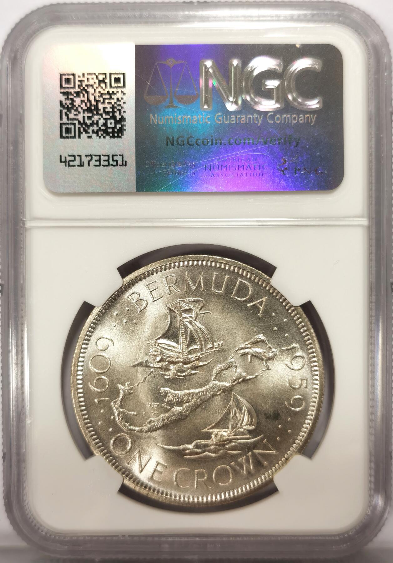 博洋堂世界钱币拍卖第117期（全场包邮） NGC MS67 英属百慕大1959年伊丽莎白二世1克朗银币，发现百慕大350周年纪念，极品高分