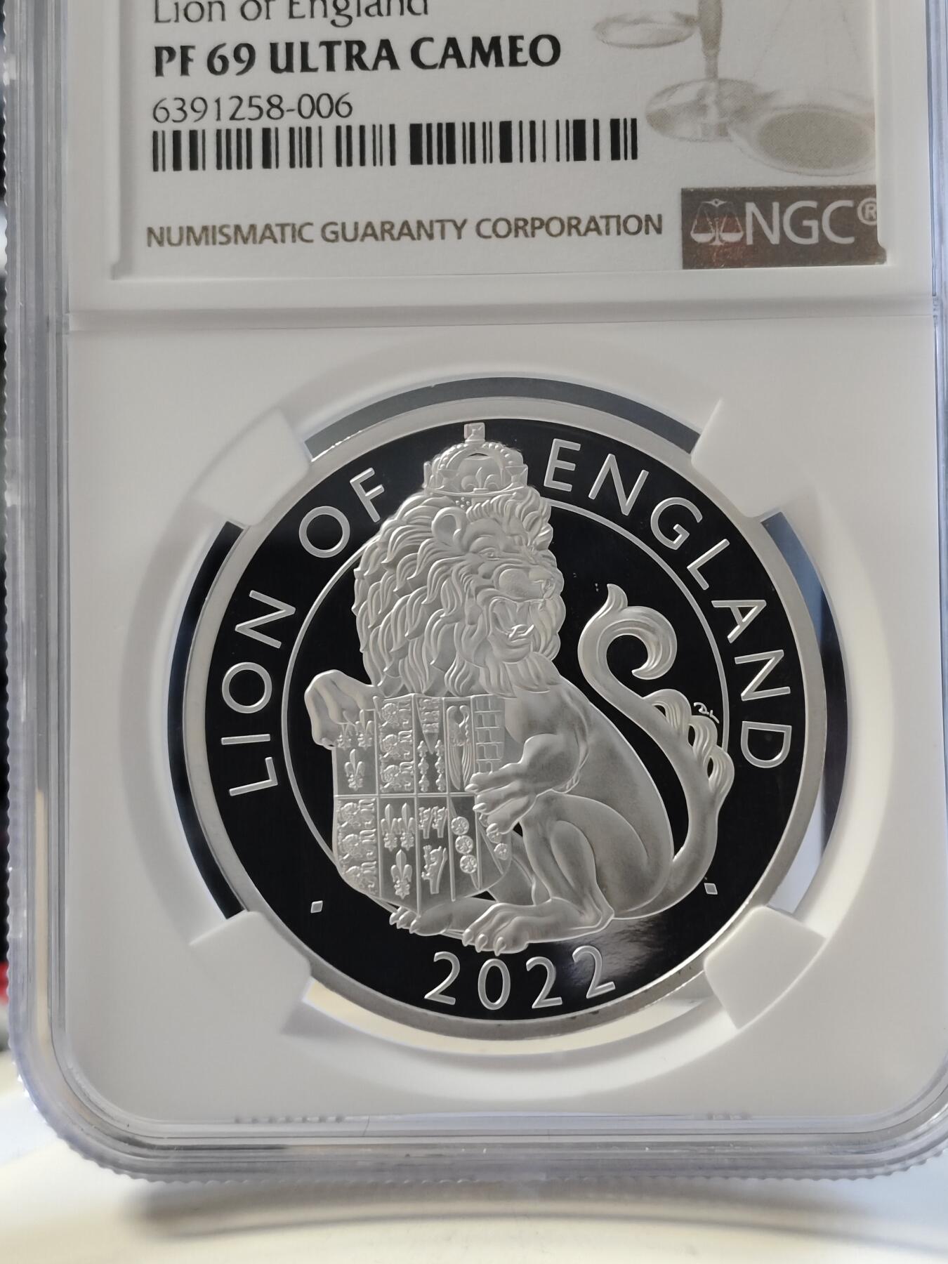 第168期拍卖【长期征集拍品】 英国2022年都铎王朝神兽系列英格兰狮子1盎司精制纪念银币NGC-PF69原盒证书，999银，发行6000枚
