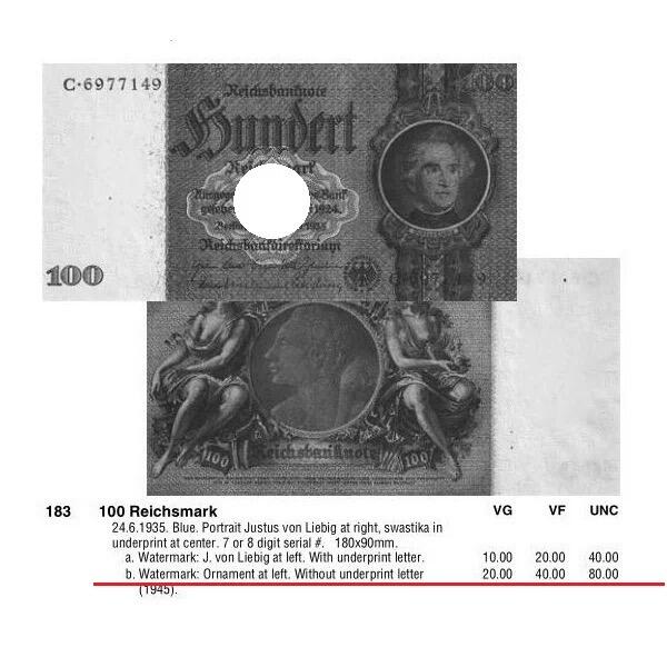 德国第三帝国1935年 化学家李比希100马克 无字母花纹水印 爽品
