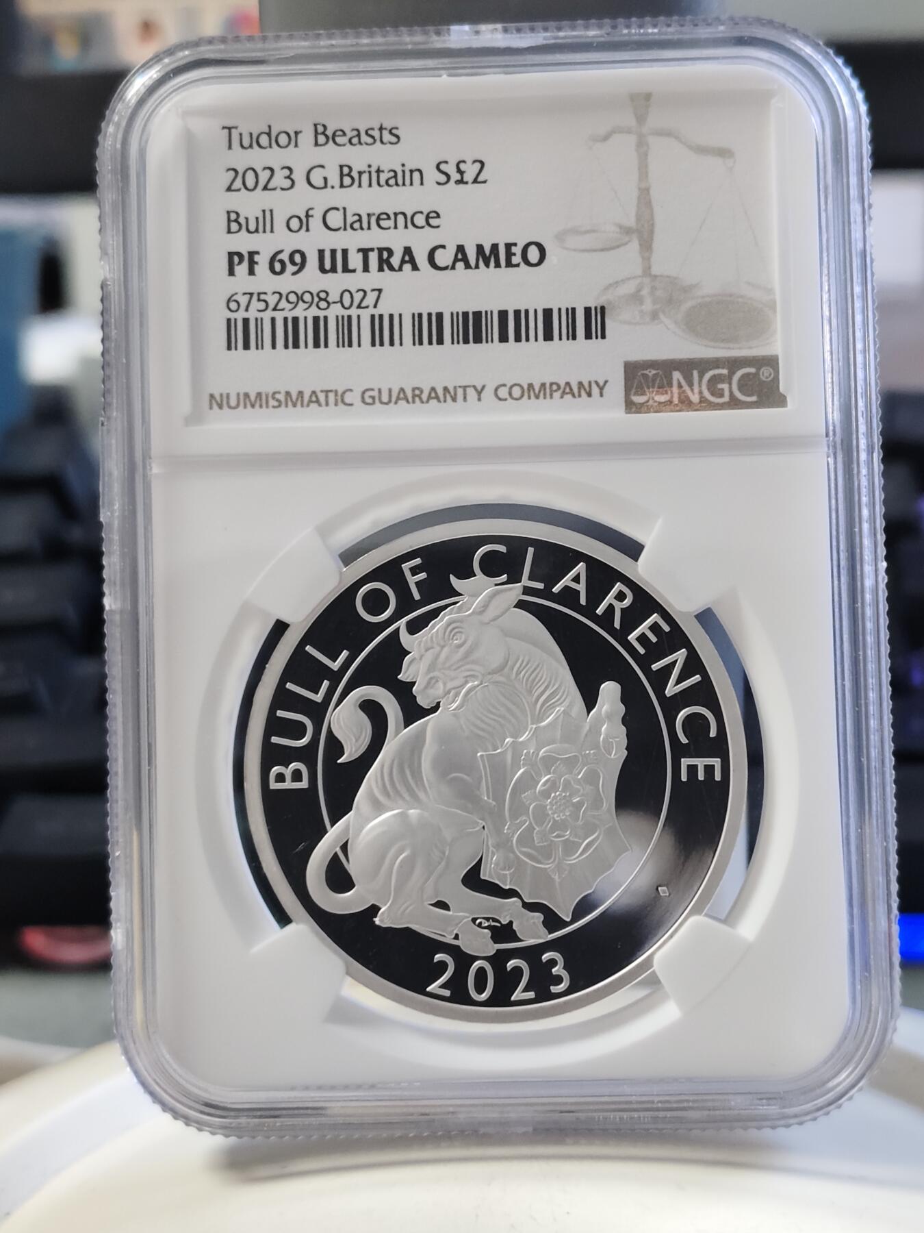第168期拍卖【长期征集拍品】 英国2023年都铎王朝神兽系列克拉伦斯公牛2英镑精制纪念银币NGC-PF69原盒证书，999银，1盎司，发行5000枚