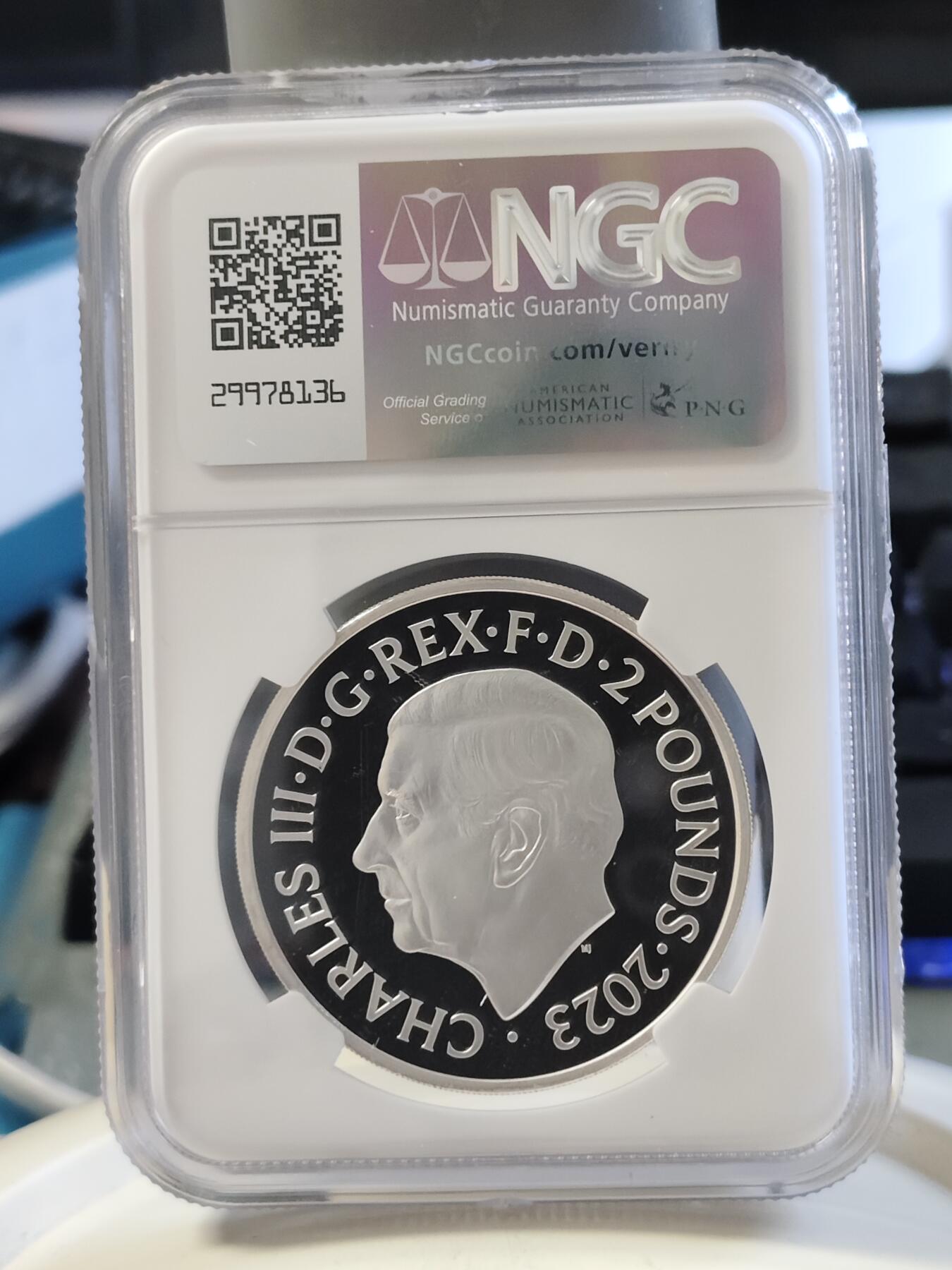 第168期拍卖【长期征集拍品】 英国2023年音乐传奇系列雪莉贝西2英镑彩色精制纪念银币NGC-PF70原盒证书，999银，1盎司，发行2500枚