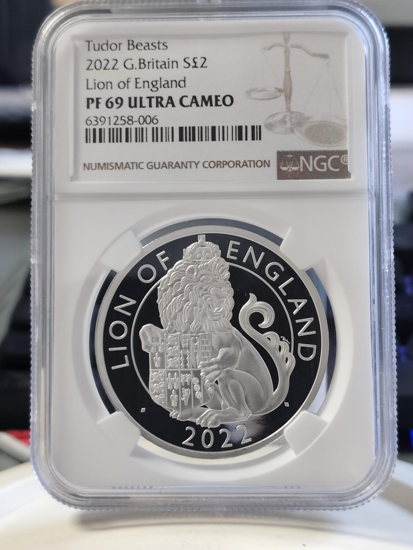 第168期拍卖【长期征集拍品】 英国2022年都铎王朝神兽系列英格兰狮子1盎司精制纪念银币NGC-PF69原盒证书，999银，发行6000枚