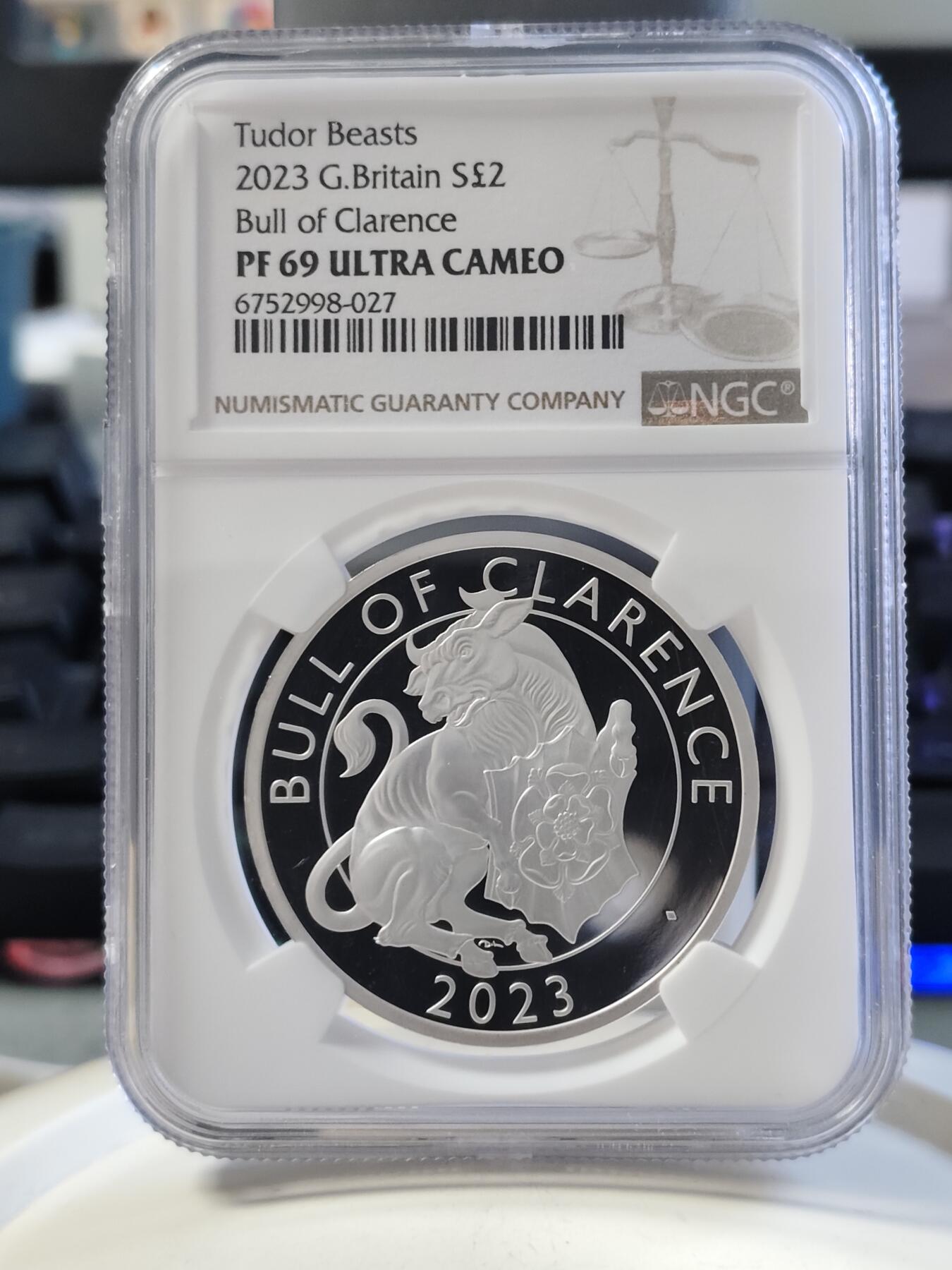 第168期拍卖【长期征集拍品】 英国2023年都铎王朝神兽系列克拉伦斯公牛2英镑精制纪念银币NGC-PF69原盒证书，999银，1盎司，发行5000枚