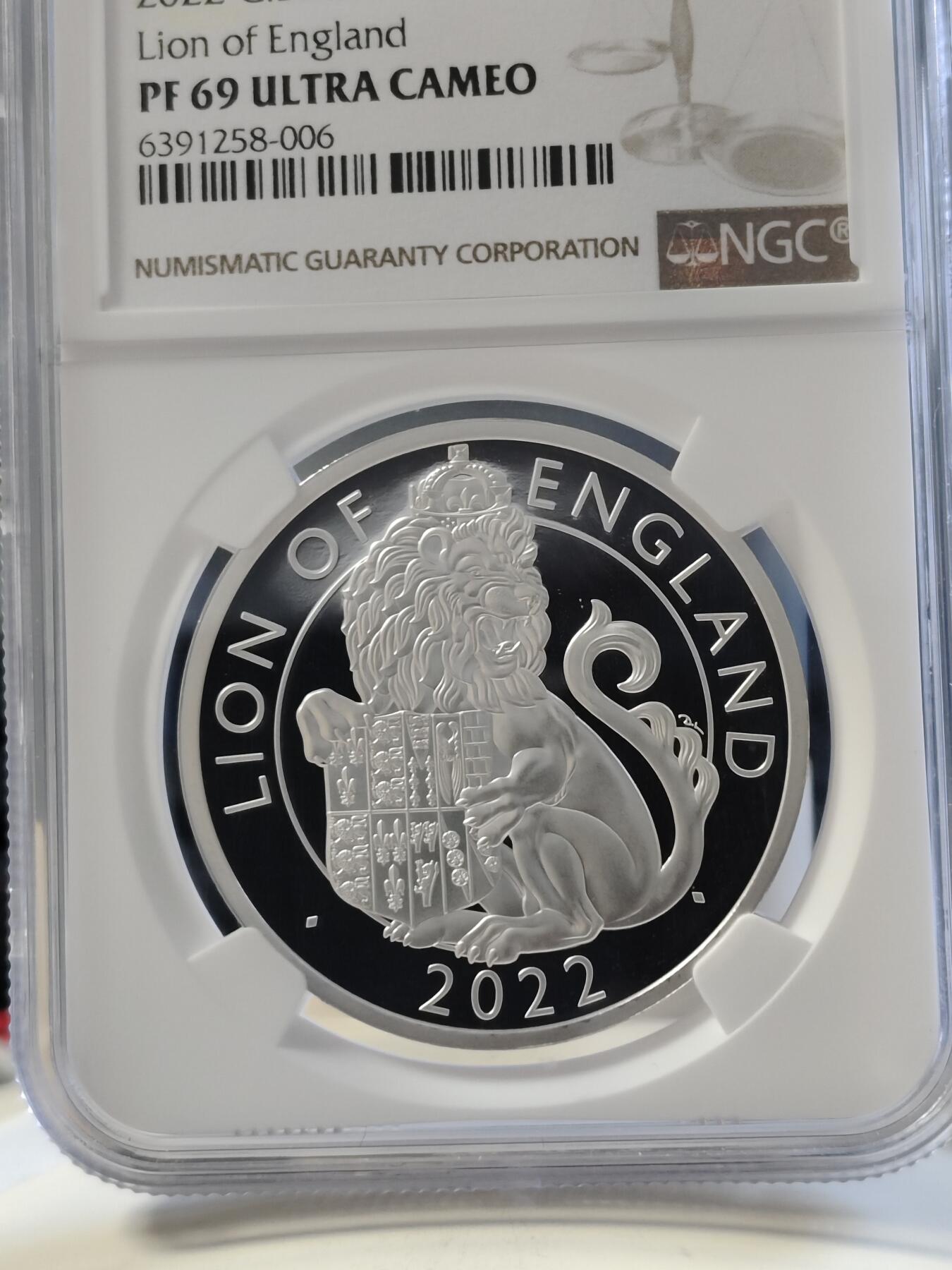 第168期拍卖【长期征集拍品】 英国2022年都铎王朝神兽系列英格兰狮子1盎司精制纪念银币NGC-PF69原盒证书，999银，发行6000枚