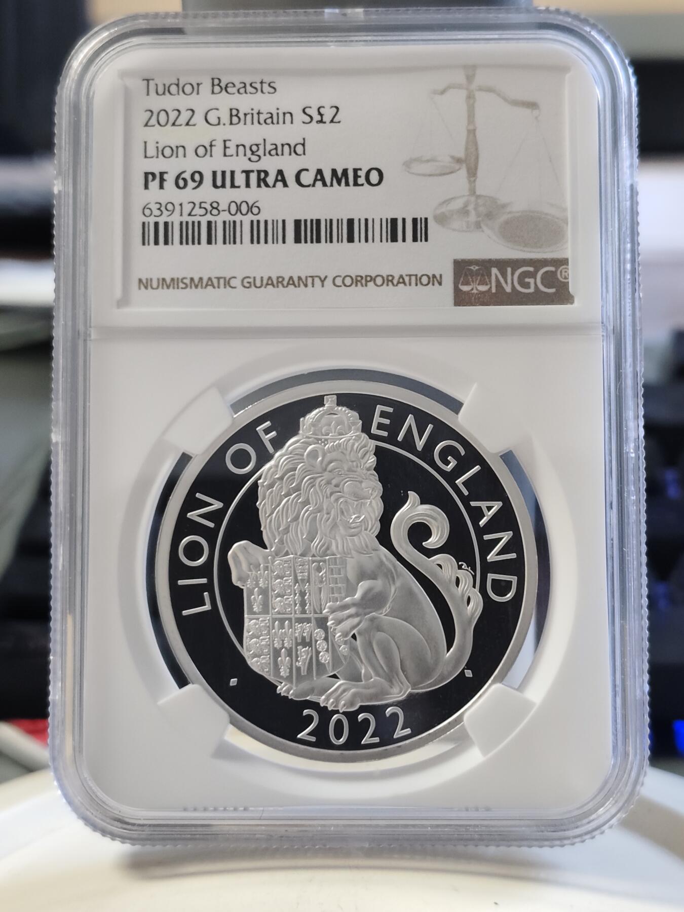 第168期拍卖【长期征集拍品】 英国2022年都铎王朝神兽系列英格兰狮子1盎司精制纪念银币NGC-PF69原盒证书，999银，发行6000枚