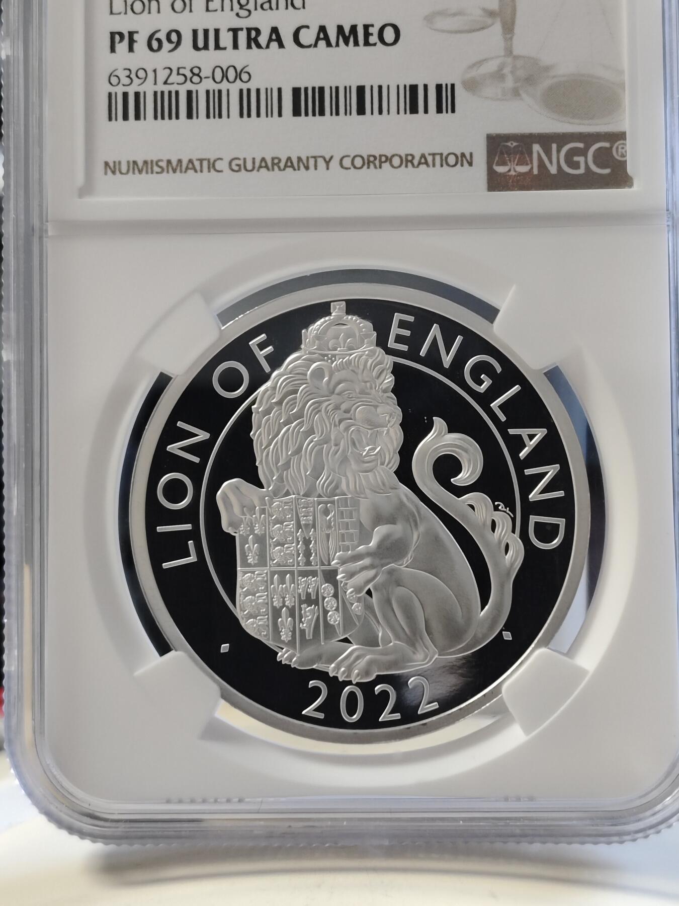 第168期拍卖【长期征集拍品】 英国2022年都铎王朝神兽系列英格兰狮子1盎司精制纪念银币NGC-PF69原盒证书，999银，发行6000枚