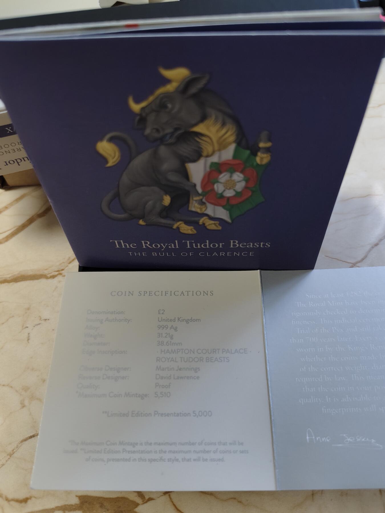 第168期拍卖【长期征集拍品】 英国2023年都铎王朝神兽系列克拉伦斯公牛2英镑精制纪念银币NGC-PF69原盒证书，999银，1盎司，发行5000枚