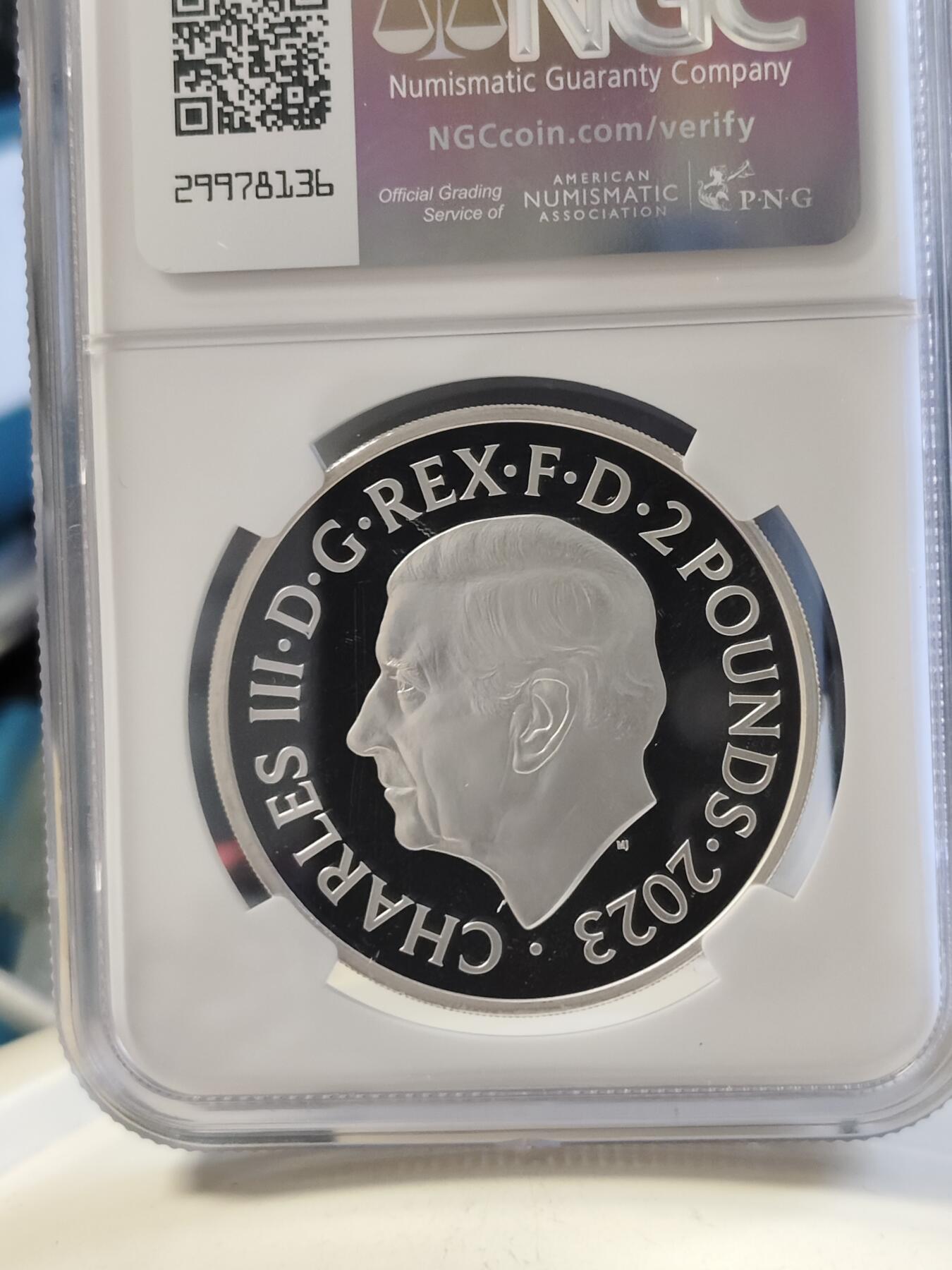第168期拍卖【长期征集拍品】 英国2023年音乐传奇系列雪莉贝西2英镑彩色精制纪念银币NGC-PF70原盒证书，999银，1盎司，发行2500枚