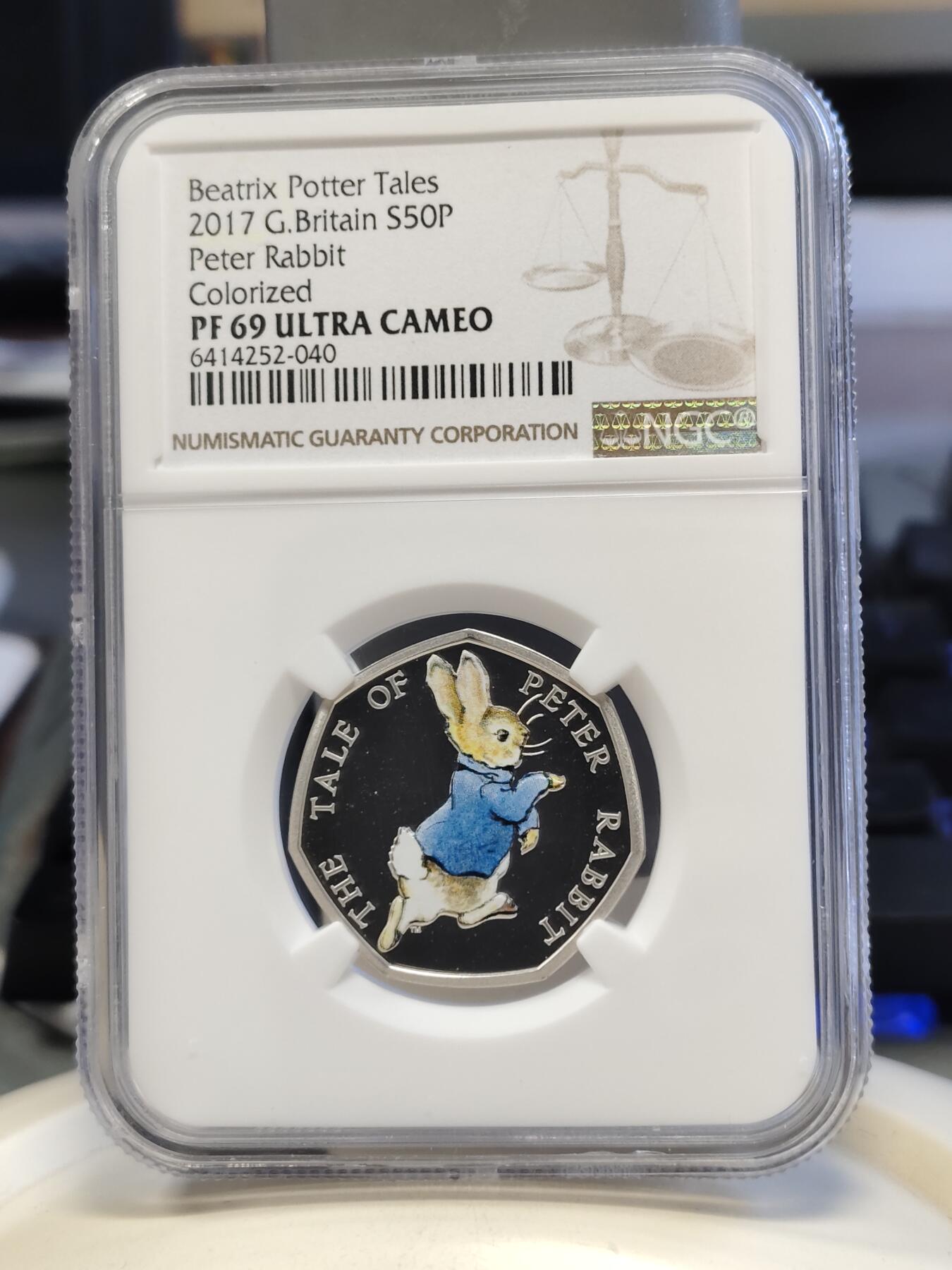 第168期拍卖【长期征集拍品】 英国2017年 彼得兔彩色精制银币NGC-PF69原盒证书， 8克，925银 