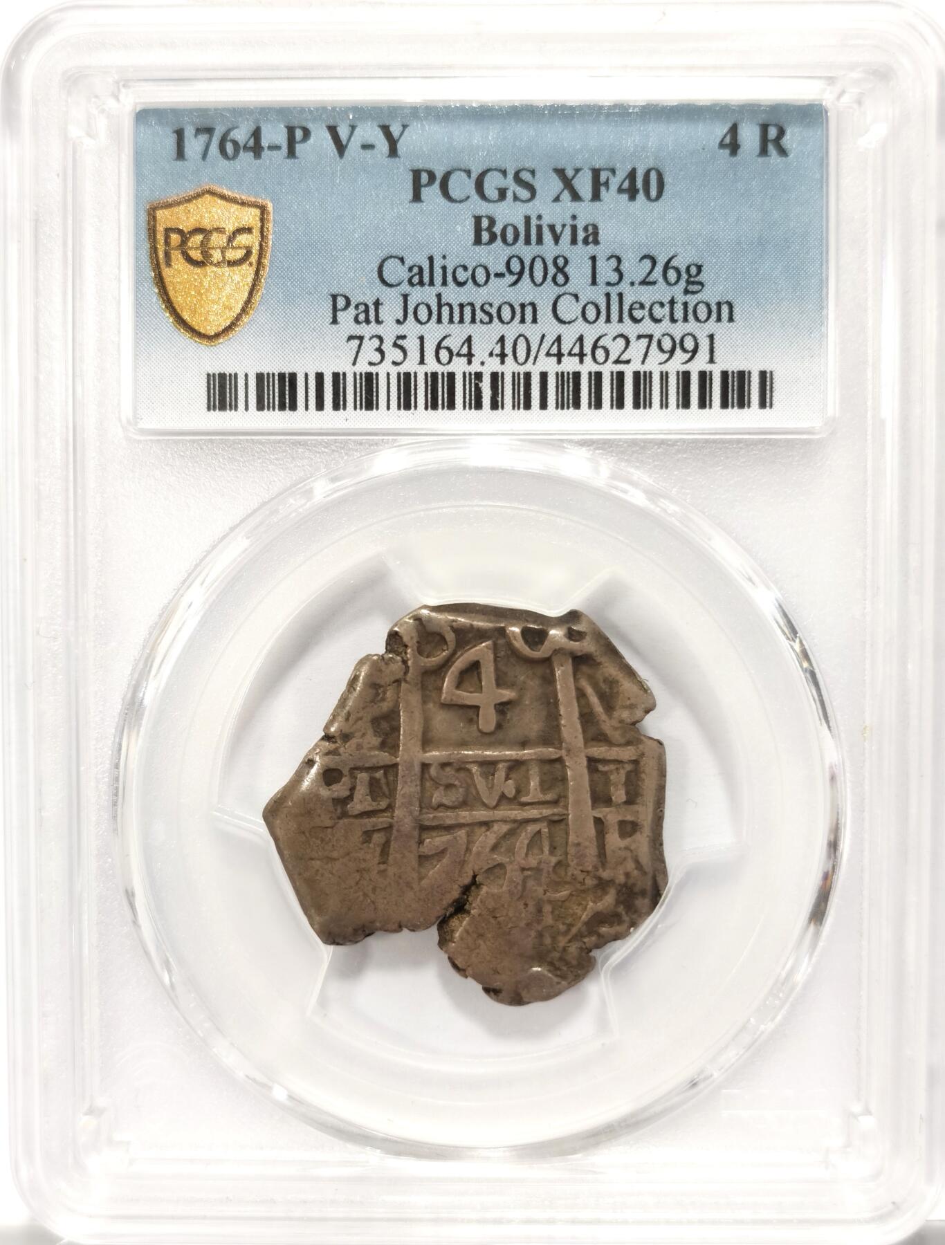 博洋堂世界钱币拍卖第117期（全场包邮） PCGS XF40 西属玻利维亚1764年P Y-Y卡洛斯三世Cob银币4R，13.26克，罕见清晰的年份和造币厂标记，非常稀少的品种，PCGS唯一冠军分，著名美洲半圆藏家Pat Johnson名家旧藏