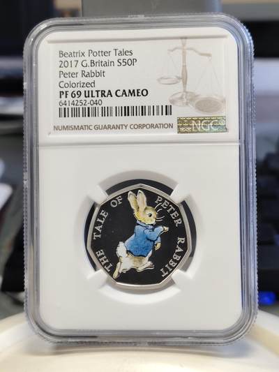第168期拍卖【长期征集拍品】 - 英国2017年 彼得兔彩色精制银币NGC-PF69原盒证书， 8克，925银 