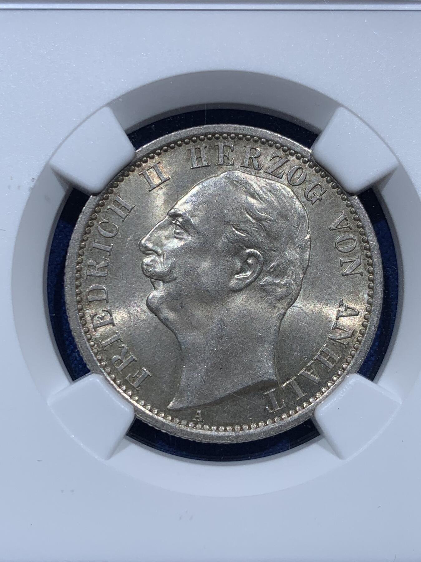 《竞宝斋》第369场 周日，周一 2场连拍 （全场包邮） NGC MS63+ 德国 1904 安哈特-德绍流通长翅 2马克银币 单年发行的小邦流通品种 丝滑状态 低评了