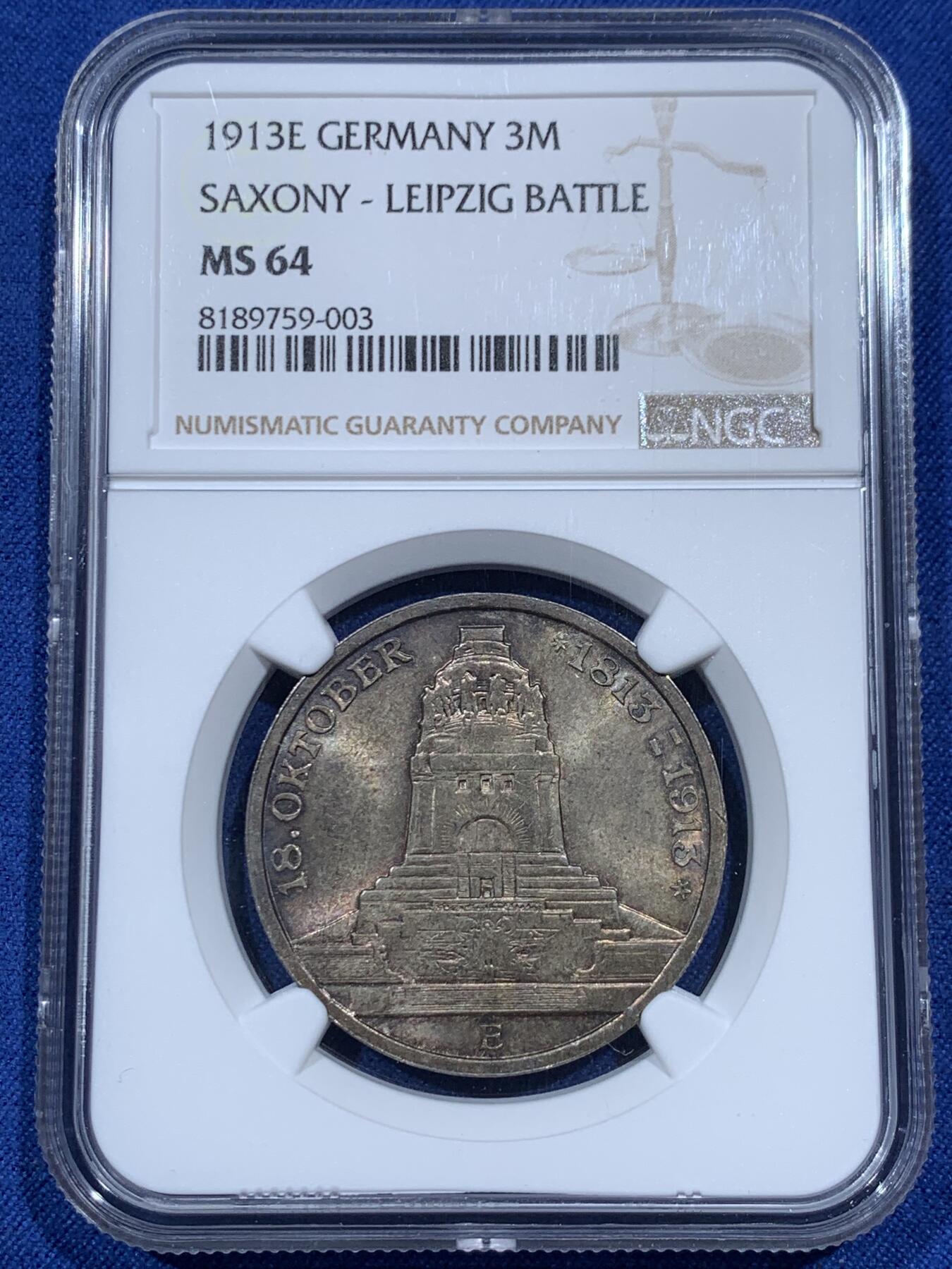 《竞宝斋》第369场 周日，周一 2场连拍 （全场包邮） NGC MS64 德国1913年E版莱比锡战争百年纪念碑3马克银币 双面深五彩包浆 64分难得