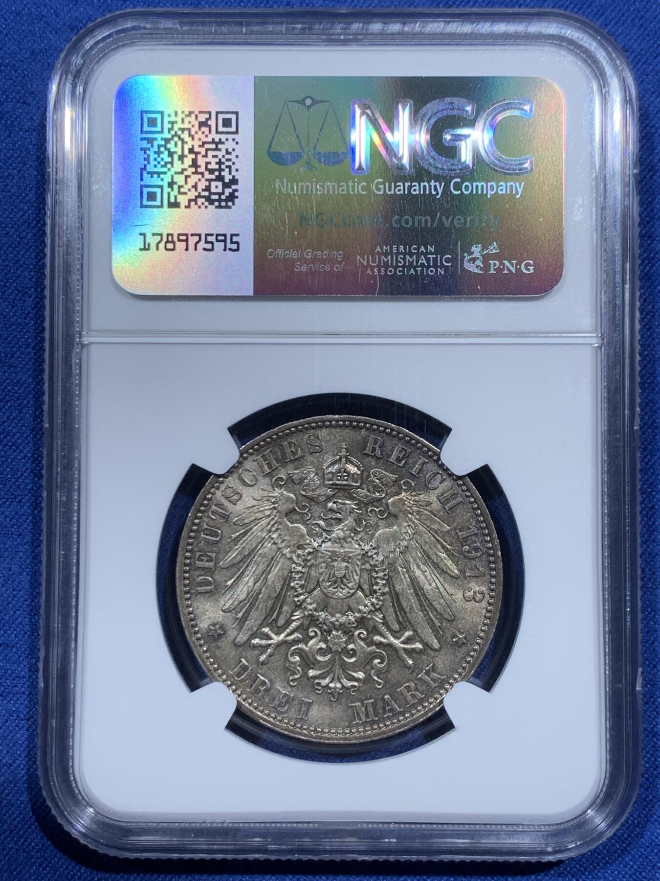 《竞宝斋》第369场 周日，周一 2场连拍 （全场包邮） NGC MS64 德国1913年E版莱比锡战争百年纪念碑3马克银币 双面深五彩包浆 64分难得