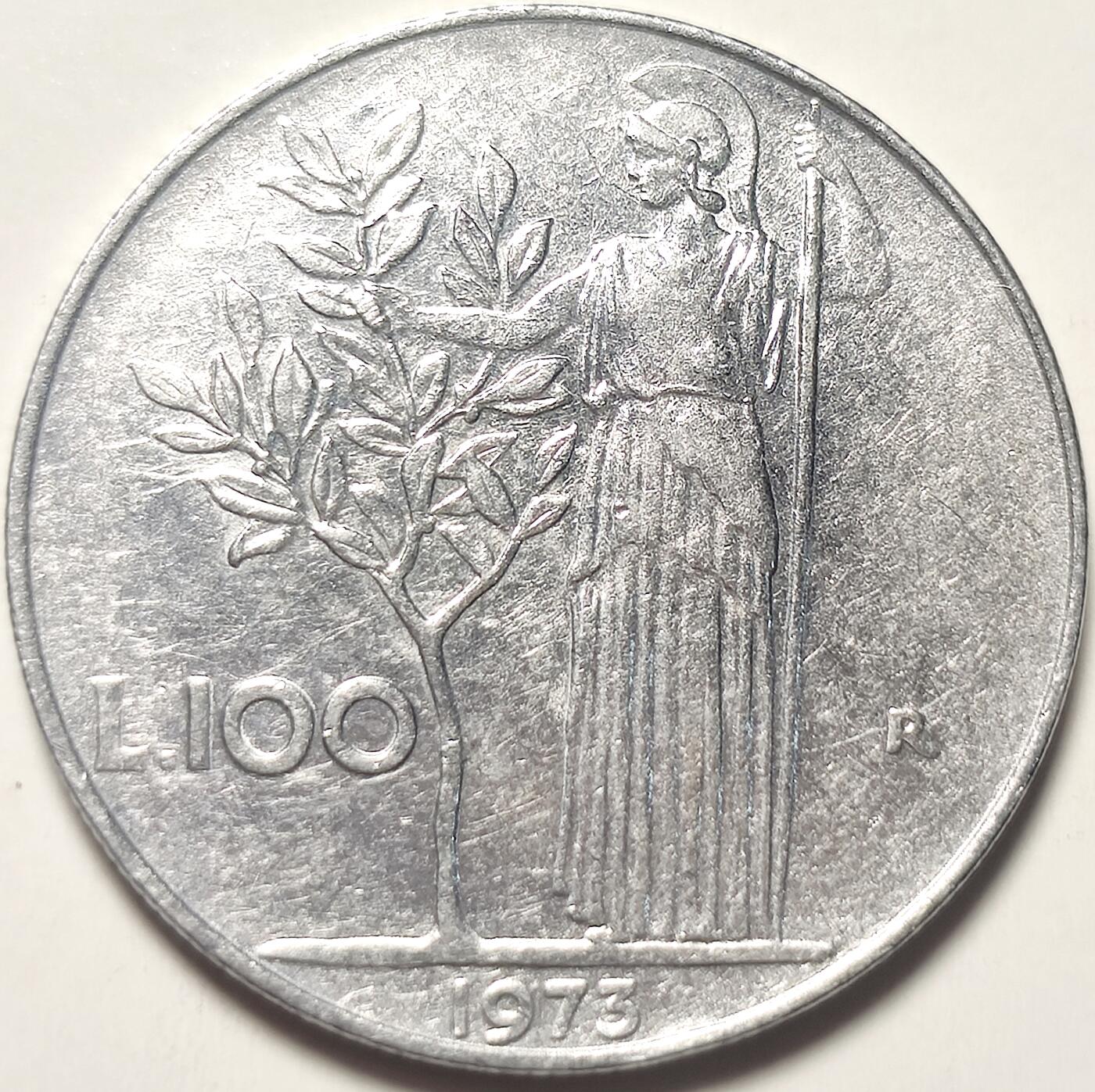 泉币菌-第18场-中外散币乐园 意大利1973年100里拉 月亮和记忆女神密涅瓦 不锈钢币 27.8mm