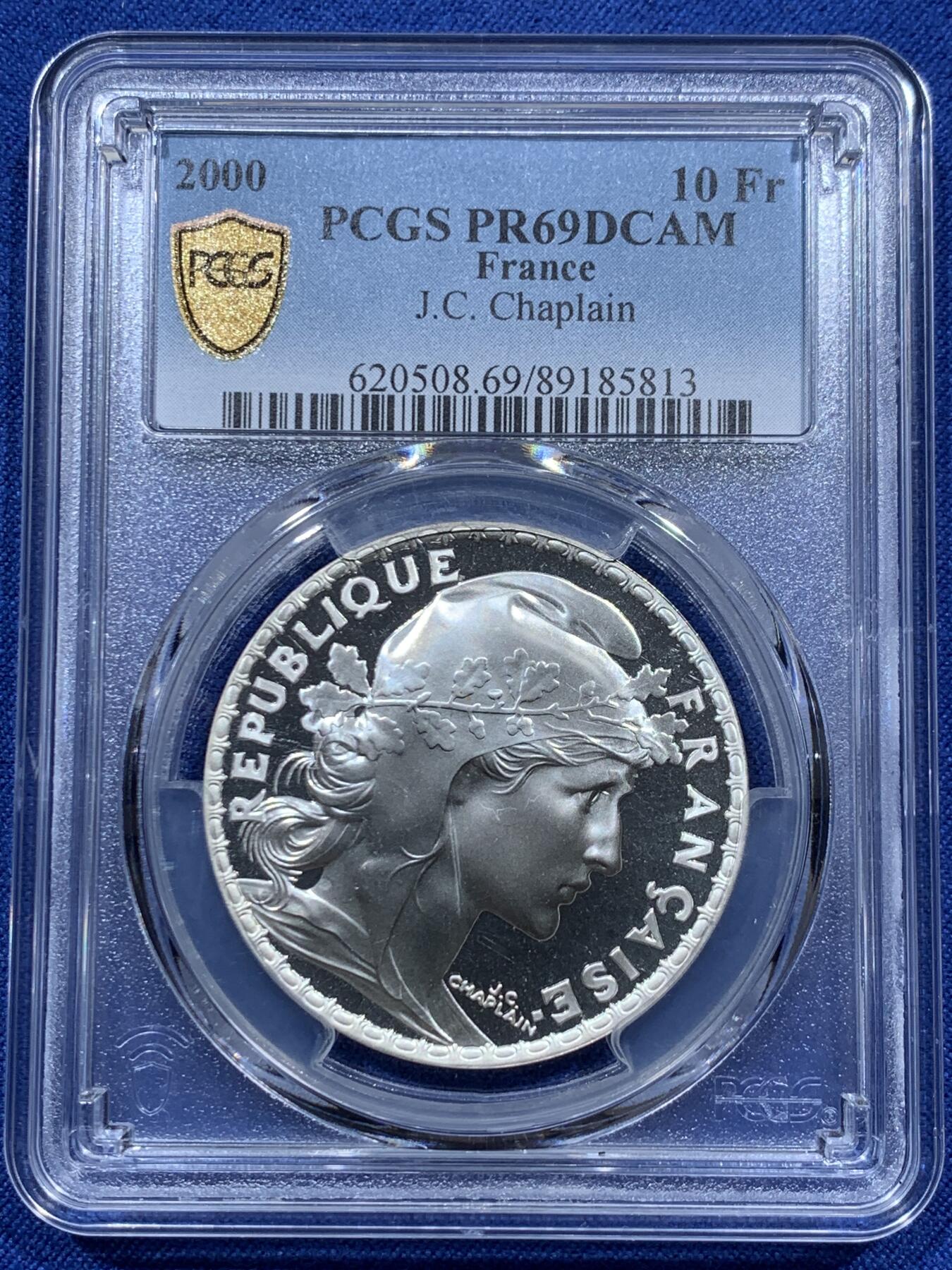 《竞宝斋》第369场 周日，周一 2场连拍 （全场包邮） PCGS PR69DCAM 法国2000年法兰西共和国自由玛丽安娜女神10法郎银币