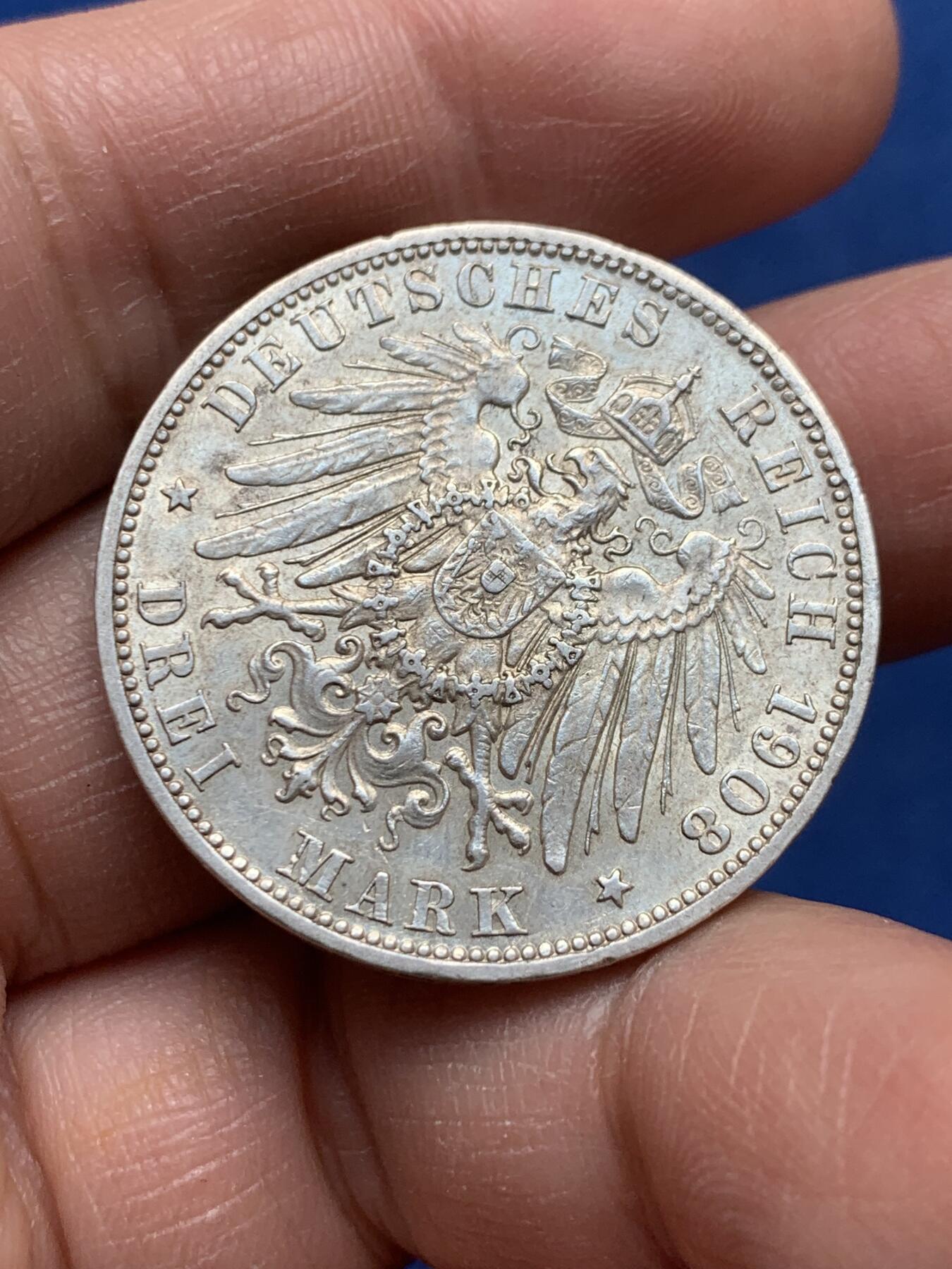 《竞宝斋》第369场 周日，周一 2场连拍 （全场包邮） 德国普鲁士1908年威廉二世3马克银币 好品