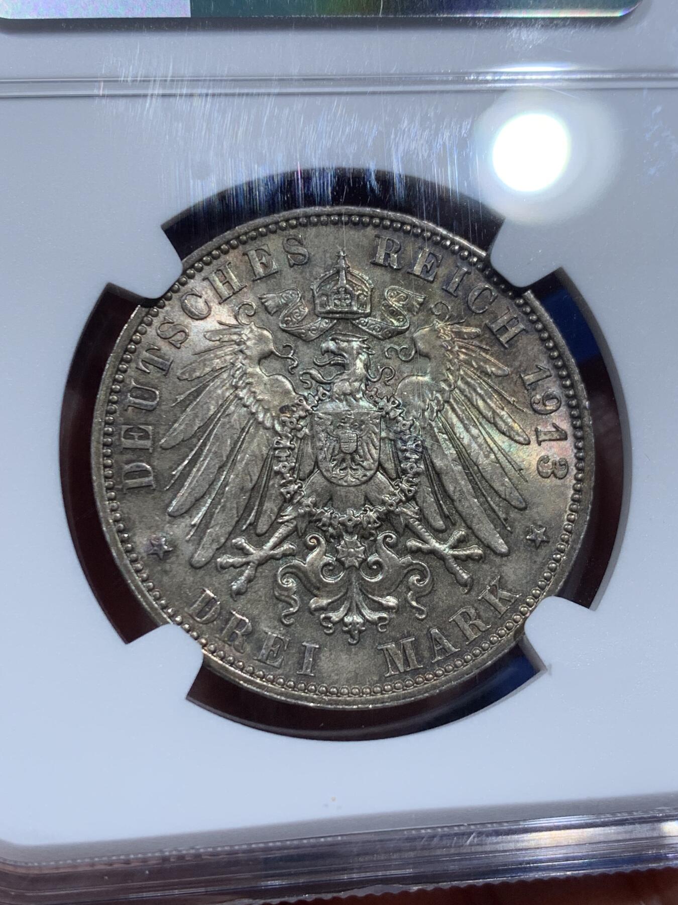 《竞宝斋》第369场 周日，周一 2场连拍 （全场包邮） NGC MS64 德国1913年E版莱比锡战争百年纪念碑3马克银币 双面深五彩包浆 64分难得