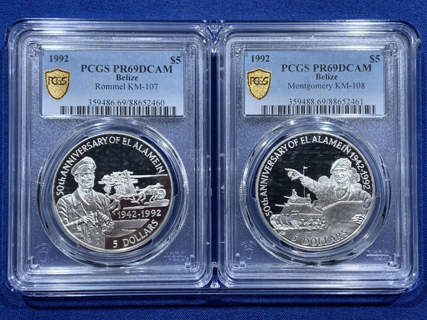《竞宝斋》第369场 周日，周一 2场连拍 （全场包邮） PCGS PR69DCAM 稀缺亚军分套币【二战枭雄&传奇人物～沙漠之狐】伯利兹1992年发行的蒙哥马利和隆美尔纪念银币（金属:925银、重量28.28克、直径38.61毫米、发行量5000枚、附带原包装及证书，市场裸币1200元+）