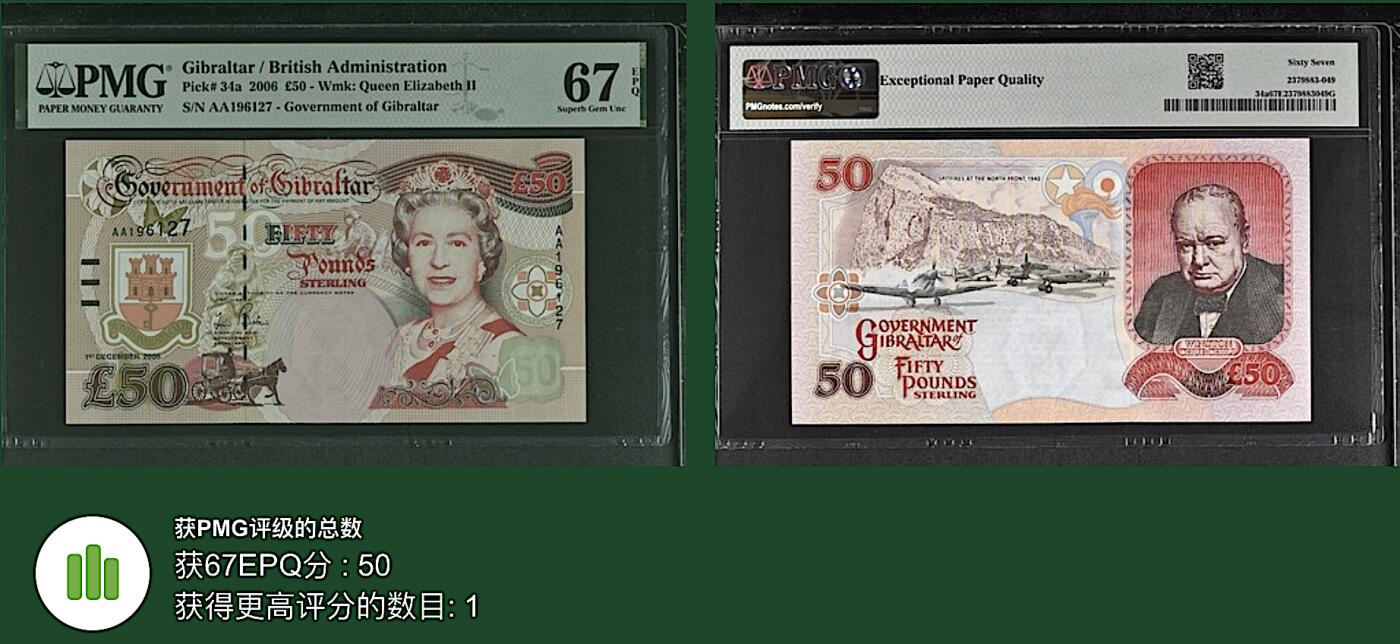 《艾美收藏》第195期-周六外币饕餮盛宴-评级币专场 直布罗陀50镑 PMG67E 2006年 AA冠 无4 更高分仅1张