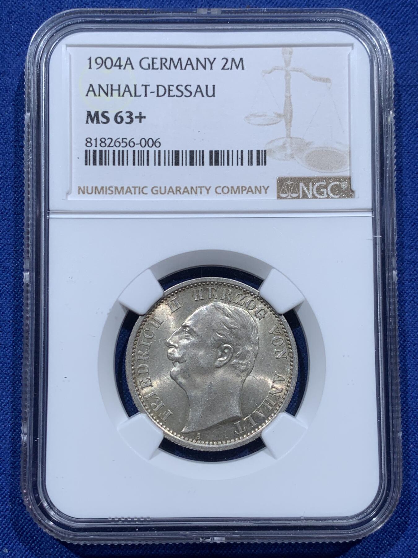 《竞宝斋》第369场 周日，周一 2场连拍 （全场包邮） NGC MS63+ 德国 1904 安哈特-德绍流通长翅 2马克银币 单年发行的小邦流通品种 丝滑状态 低评了