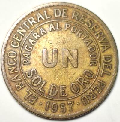 泉币菌-第18场-中外散币乐园 - 极美品 秘鲁1957年 1索尔黄铜大硬币33mm