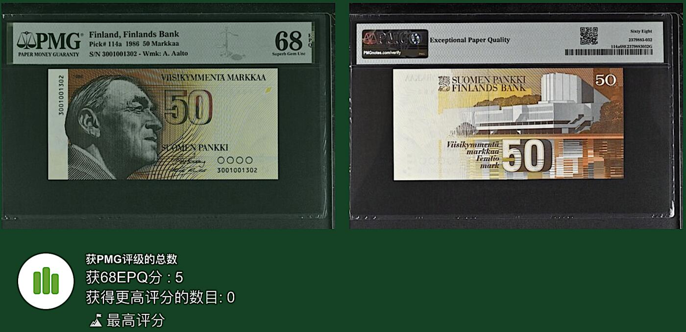 《艾美收藏》第195期-周六外币饕餮盛宴-评级币专场 芬兰50马克 PMG68E 1986年初版 芬兰建筑师阿尔托 无47 冠军分 仅5张