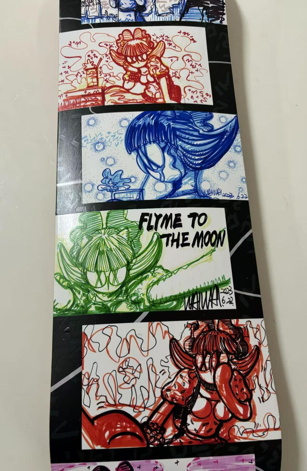 零元拍：WAIWAI 设计定制艺术滑板，每款都是孤品。材质进口加拿大枫，环保胶水，热转印制作专业级滑板，尺寸约 20×80CM，因展出可能会有轻微磕碰，介意勿拍