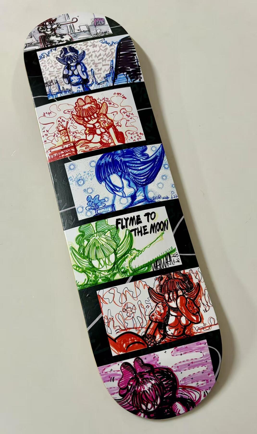 零元拍：WAIWAI 设计定制艺术滑板，每款都是孤品。材质进口加拿大枫，环保胶水，热转印制作专业级滑板，尺寸约 20×80CM，因展出可能会有轻微磕碰，介意勿拍