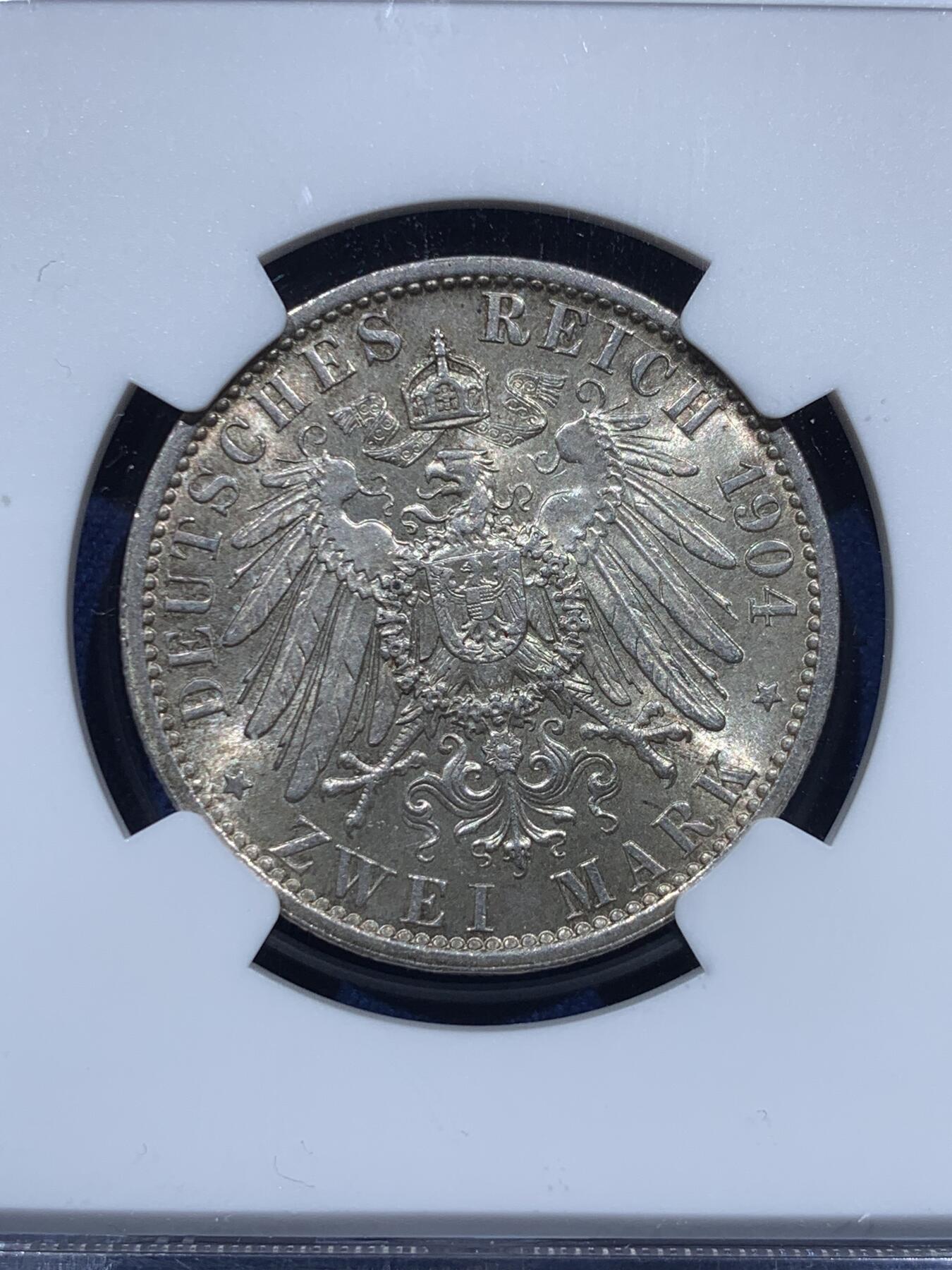 《竞宝斋》第369场 周日，周一 2场连拍 （全场包邮） NGC MS63+ 德国 1904 安哈特-德绍流通长翅 2马克银币 单年发行的小邦流通品种 丝滑状态 低评了