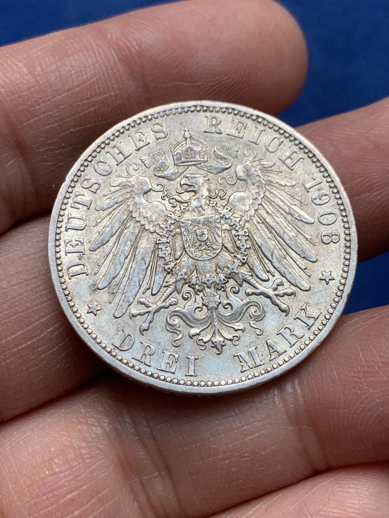 《竞宝斋》第369场 周日，周一 2场连拍 （全场包邮） 德国普鲁士1908年威廉二世3马克银币 好品