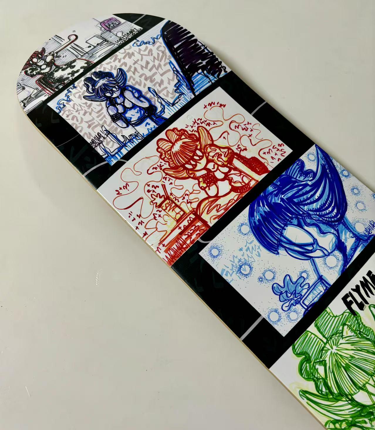 零元拍：WAIWAI 设计定制艺术滑板，每款都是孤品。材质进口加拿大枫，环保胶水，热转印制作专业级滑板，尺寸约 20×80CM，因展出可能会有轻微磕碰，介意勿拍