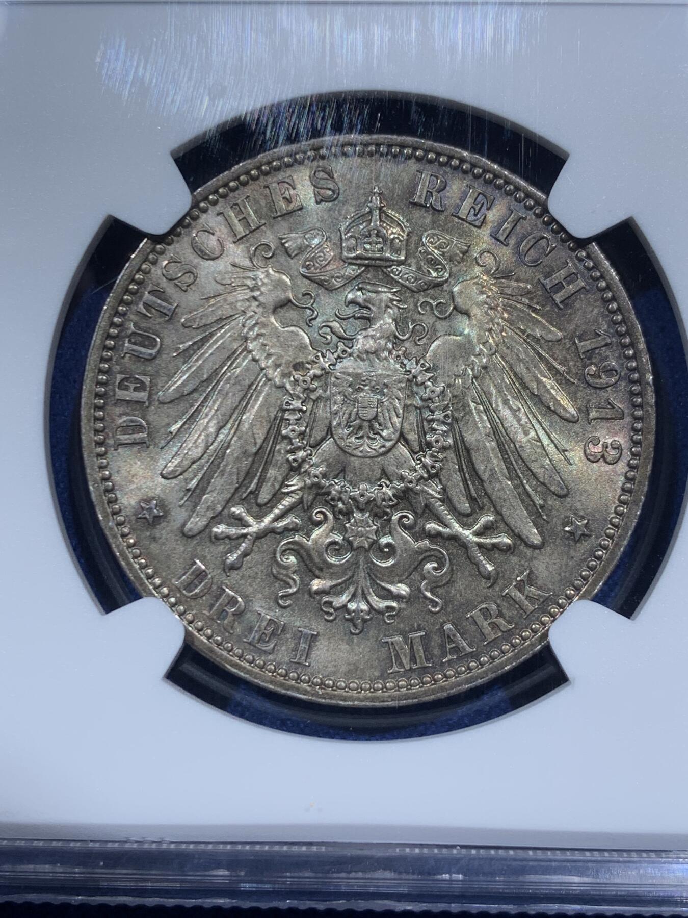 《竞宝斋》第369场 周日，周一 2场连拍 （全场包邮） NGC MS64 德国1913年E版莱比锡战争百年纪念碑3马克银币 双面深五彩包浆 64分难得