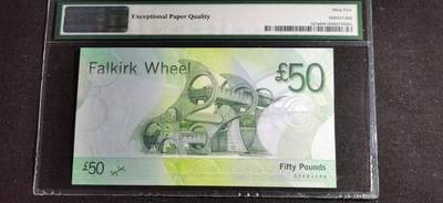 刘世昌艺术品销售中心～虎踞龙蟠*金杨在线联拍群第521期 苏格兰2007年50镑（PMG   65E    号码：AA910672）1枚。此币荣获当年IBNS大奖赛“最佳纸币”大奖。