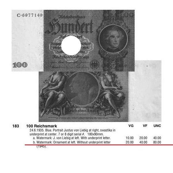 德国第三帝国1935年化学家李比希100马克无字母花纹水印 爽品
