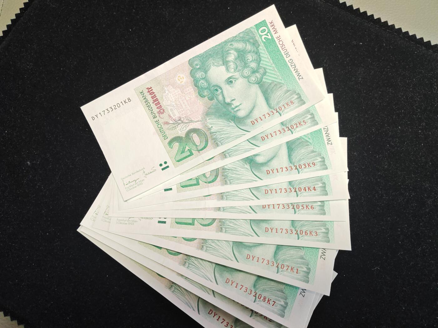 德国纸币 1993年 20马克  全程无4 全新UNC