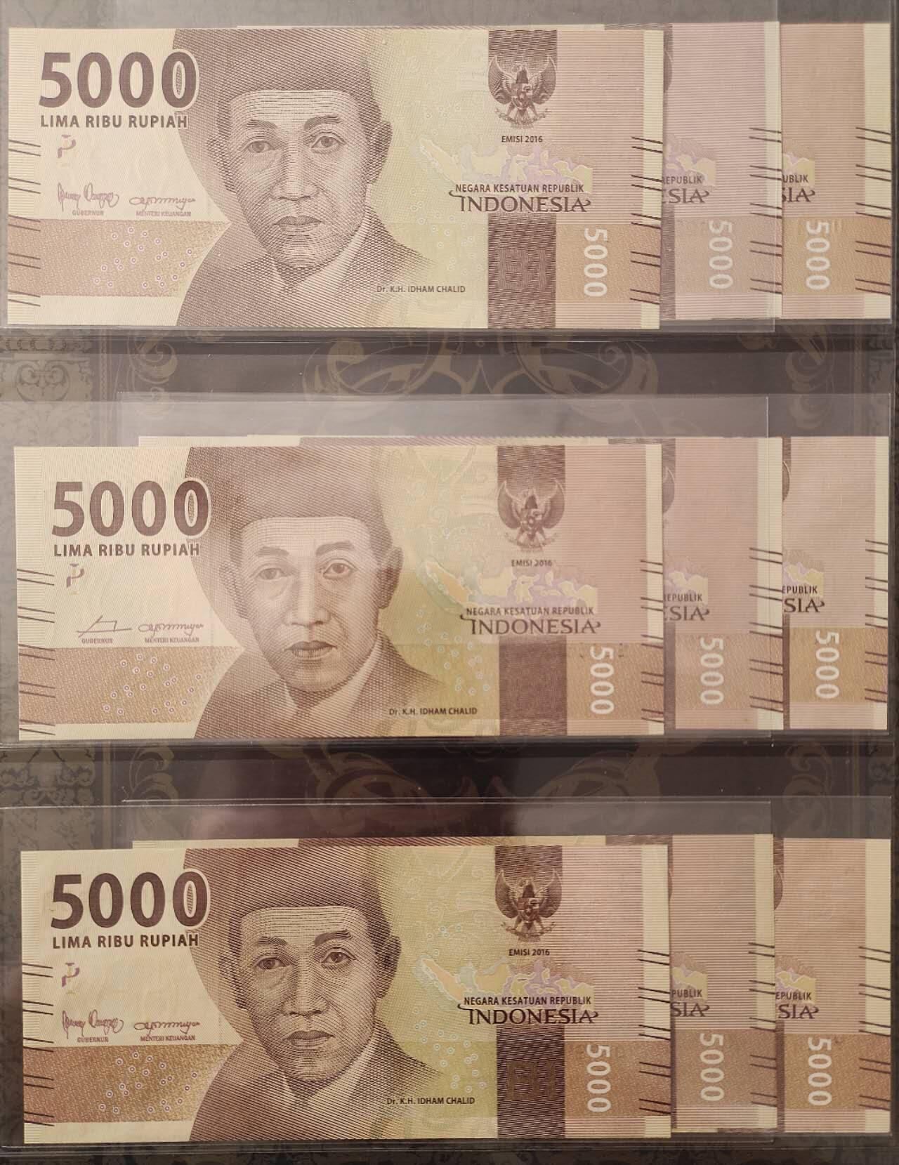 印度尼西亚2016年版5000卢比 111111－999999全同号9张一套