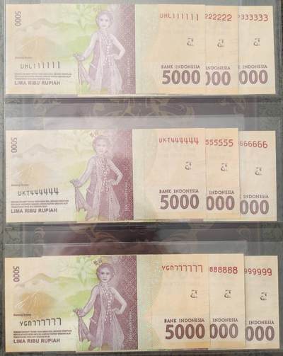 印度尼西亚2016年版5000卢比 111111－999999全同号9张一套 - 印度尼西亚2016年版5000卢比 111111－999999全同号9张一套