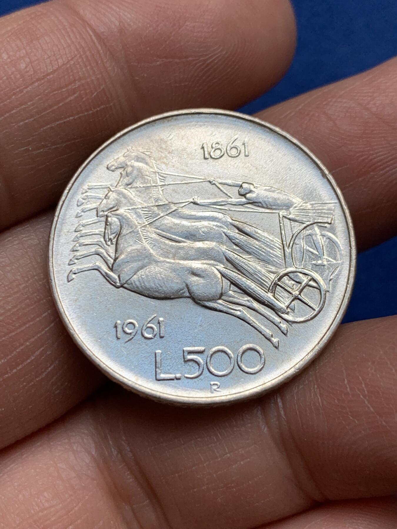 《竞宝斋》第370场 周日，周一 2场连拍 （全场包邮） 意大利 1961年 国家统一100周年纪念 马车 500里拉 银币