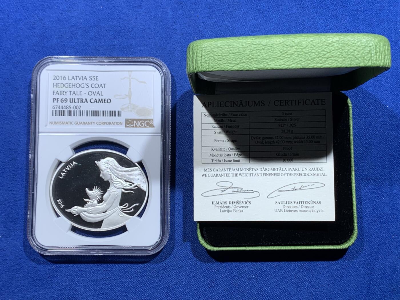 《竞宝斋》第370场 周日，周一 2场连拍 （全场包邮） NGC PF69UC 拉脱维亚2016年5欧元童话故银币格林童话刺猬汉斯银币 带盒