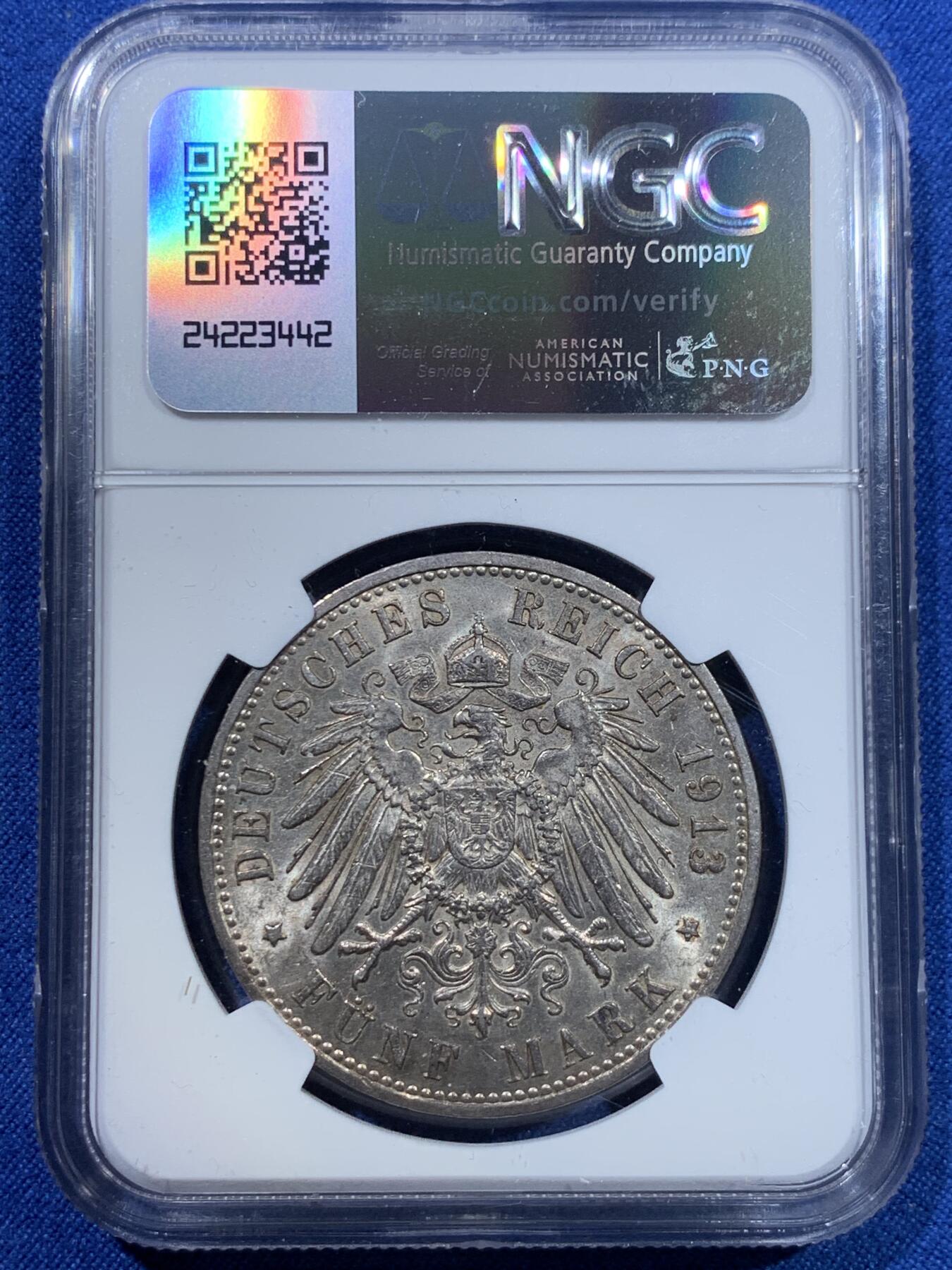 《竞宝斋》第370场 周日，周一 2场连拍 （全场包邮） NGC MS61 德国1913年威廉二世军装5马克银币